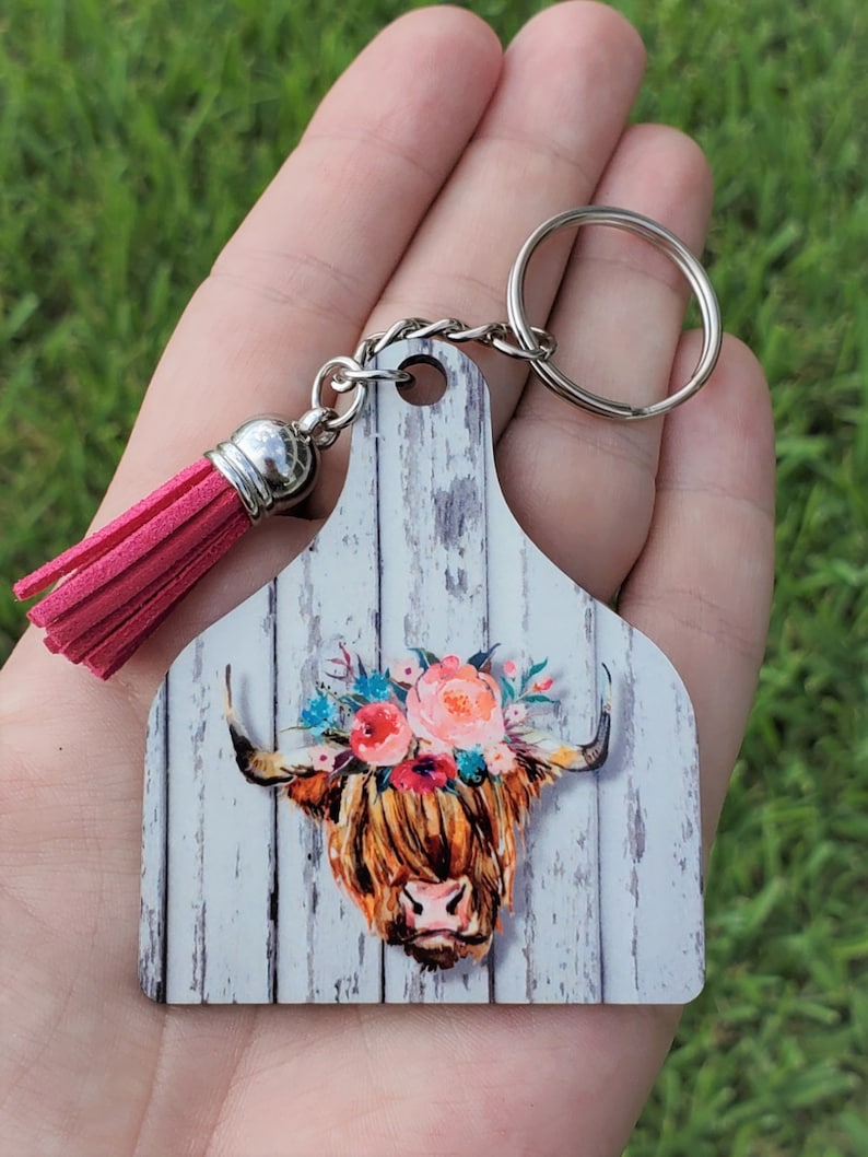 Cattle Livestock Keychain Cow Ear Tag Tassel Floral Cow Etsy