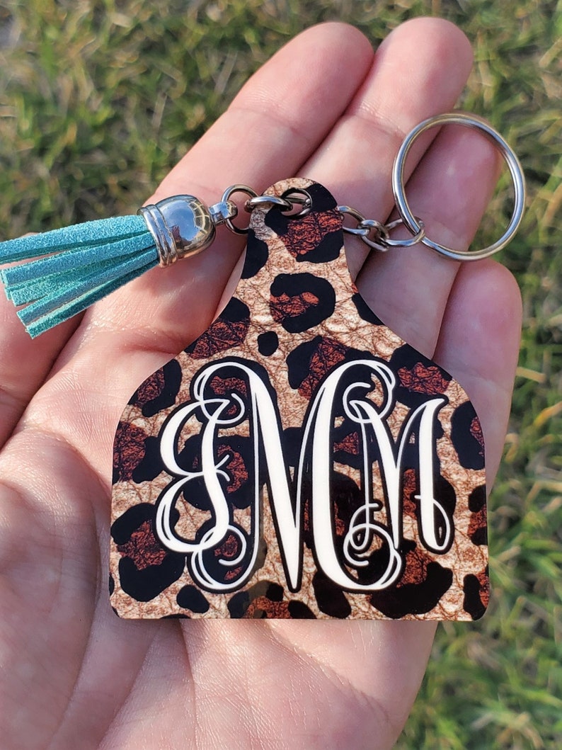 Personalized Cow Ear Tag Keychain Leopard Monogram Keychain Etsy