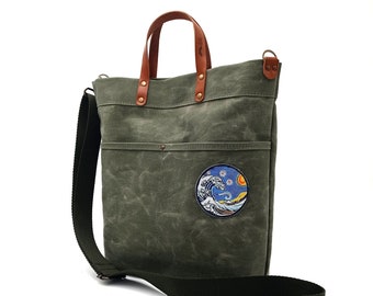 Waxed canvas work bag, Laptop Bag, Diaper Bag, Shoulder Bag, School Bag, waterproof bag, waxed simply tote, Everyday bag, crossbody bag army
