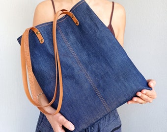 Denim Tote - Navy - Lined with 100% cotton, Shoulder City Tote, Laptop Bag, Diaper Bag, Work Bag, daily bag, simply bag, soft bluejean tote,