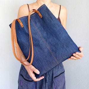Cabas en jean - Bleu marine - Doublure 100 % coton, fourre-tout de ville porté épaule, sac pour ordinateur portable, sac à langer, sac de travail, sac de tous les jours, sac simple, cabas en jean bleu doux.