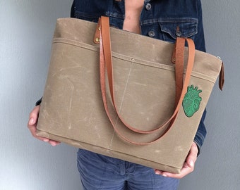 Waxed Canvas Weekender Tote Bag: Handmade Leather Straps