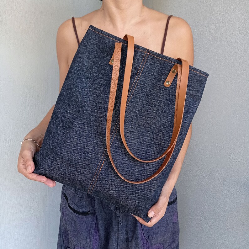 Denim Tote Navy Lined with 100% cotton, Shoulder City Tote, Laptop Bag, Diaper Bag, Work Bag, daily bag, simply bag, soft bluejean tote, image 3