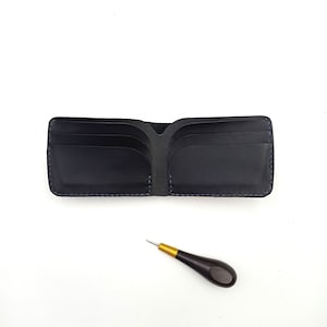 Cartera plegable Aegean Waves, cartera de cuero negra, cartera de cuero genuino personalizada para hombre, cartera hecha a mano, con monedero para hombre