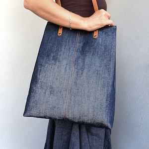 Denim Tote Navy Lined with 100% cotton, Shoulder City Tote, Laptop Bag, Diaper Bag, Work Bag, daily bag, simply bag, soft bluejean tote, image 4