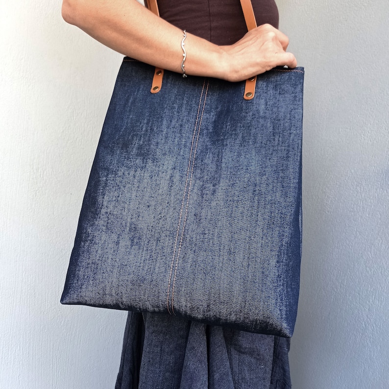 Denim Tote Navy Lined with 100% cotton, Shoulder City Tote, Laptop Bag, Diaper Bag, Work Bag, daily bag, simply bag, soft bluejean tote, image 4