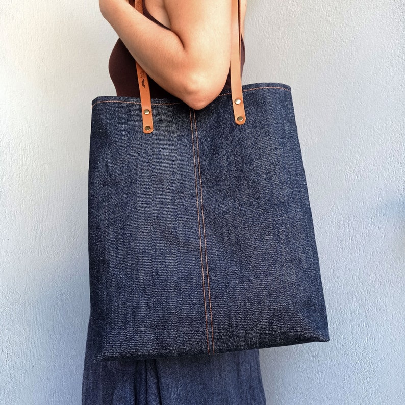 Denim Tote Navy Lined with 100% cotton, Shoulder City Tote, Laptop Bag, Diaper Bag, Work Bag, daily bag, simply bag, soft bluejean tote, image 10