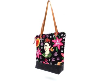 Cotton bag floral pattern. Frida Kahlo. Garden pattern bag. Canvas flowered Bag, Waxed bag, everyday Bag, School Bag, simply tote