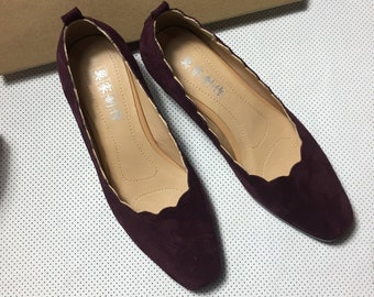 Handmade Low heel Pumps for Ladies  Women,Purple Leather Sandals Shoes with Heels,Comfortable Yellow shoes with flower edge