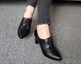 Handmade Women Black Leather Shoes,Low Thick Heel Shoes, leather Pointed toes Shoes, ladies shoes,Work Shoes,Black Tie shoes