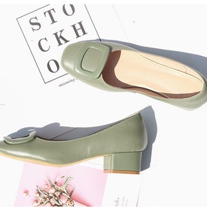 Genuine Leather 4cm Low Heel Shoes,Women's Leather Shoes,Square Head Thick Heel Shoes,Comfortable Work Shoes,Green Slip-ons,Brown Shoes