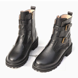 Handmade Genuine Leather Short Boots for Women,black Flat Booties ...