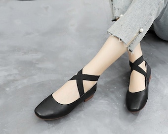 Handmade Black Flat Ballet Shoes,Leather Cross Straps Dancing Shoes,Thick-heeled Shoes Women's Small Large size Mid-heel Mary Jane shoes