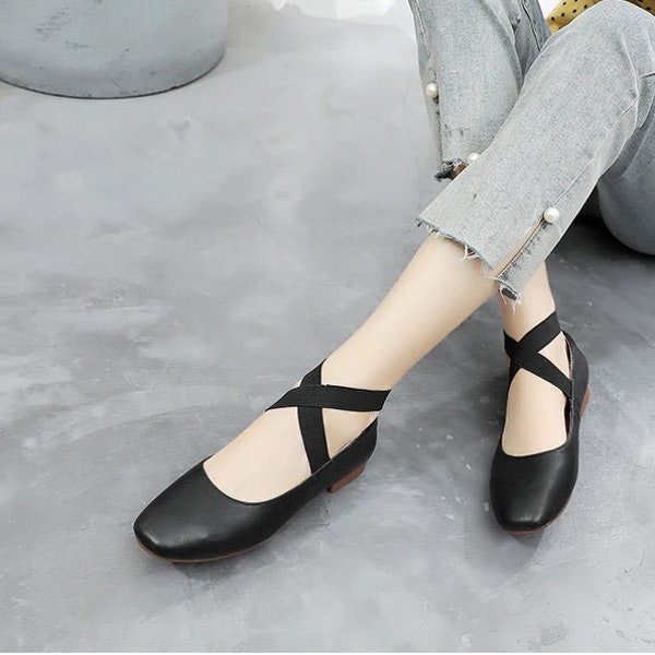 Handmade Black Flat Ballet Shoes,Leather Cross Straps Dancing Shoes,Thick-heeled Shoes Women's Small Large size Mid-heel Mary Jane shoes