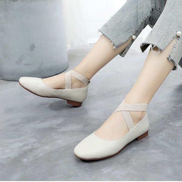 Handmade Beige Flat Ballet Shoes,Leather Cross Straps Dancing Shoes,Thick-heeled Shoes Women's Small Large size Mid-heel Mary Jane shoes