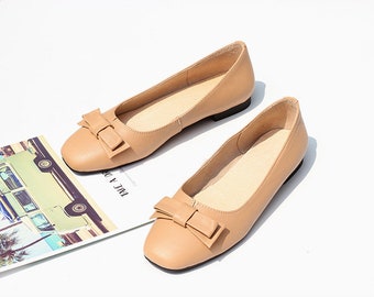 Customizable Leather Brown Bowknot Flat Slip On Shoes,Women's Comfortable Soft Leather Shoes
