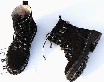 Handmade Cow Suede Martin boots female British style short boots large size small size autumn and winter thick-soled winter shoes