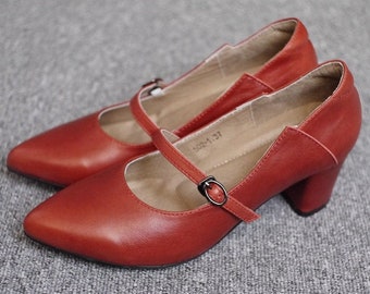 3 Colors! Handmade Women Leather Shoes,Summer Low Thick Heel Sandals, female Leather Strap Shoes,ladies Pointed Toe shoes,Red Shoes women