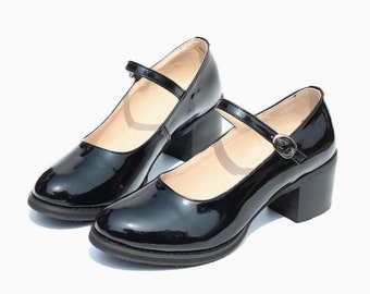 Promo ! Chaussures en cuir verni noir taille US10, chaussures Mary Janes, chaussures à talons moyens de 5 cm