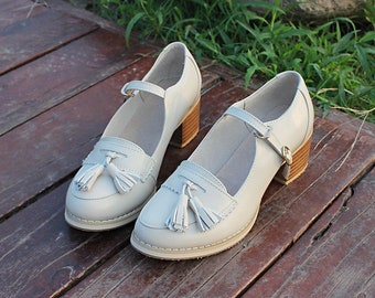 New Handmade Genuine Leather Retro 5cm Mid-heel Shoes,Women's Buckle Belt Shoes with tassel,Thick Heel Women's shoes,Beige Shoes