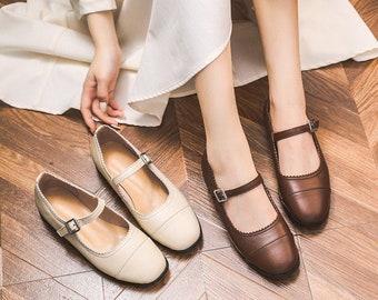 Zapatos retro Mary Janes hechos a mano, zapatos de tacón bajo de 2 cm para mujer de cuero genuino, zapatos de cuero casuales, zapatos de cuero marrón, zapatos cómodos para mujer
