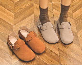 Handmade Women's Suede Leather Shoes,Flat Shoes,Wide Toe Box Shoes,Slip Ons