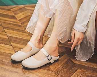 Handmade Women Mary Janes Shoes,Leather Slippers,Closed Toe Shoes,Comfortable Leather Shoes for Her,Flat Shoes