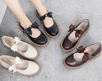Handmade Genuine leather Shoes,women&#39;s flat Mary Janes shoes,Cute Bow Tie Retro Round head Shoes,Brown Flat Shoes,Flexiable bowtie