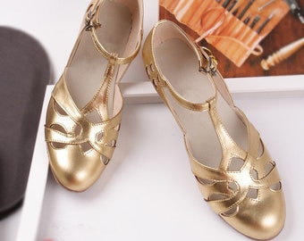 Customizable Women T-Strap Leather Shoes,Gold Color Swing shoes,Female Oxford Dancing Shoes,Mary Jane Shoes,5cm Heel Shoes,Summer Shoes