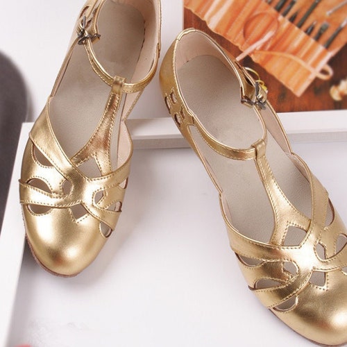 Customizable Women T-Strap Leather Shoes,Gold Color Swing shoes,Female Oxford Dancing Shoes,Mary Jane Shoes,5cm Heel Shoes,Summer Shoes