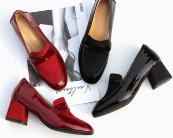 Handmade Women Thick Heel Loafers,Women Fashion Leather Shoes,Comfortable Work Shoes,Daily Wear Shoes,Red Leather Shoes,Black Suede Slip ons