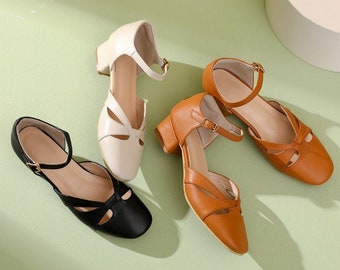 Handmade Genuine Leather Women's 4cm Heel Sandals,Thick Heel Sandals,Casual Leather Shoes,Women Summer Comfortable Shoes