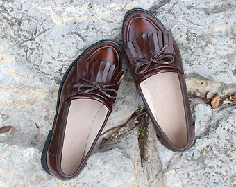 Handmade Genuine leather loafer women's 3cm Heel shoes,Retro Tassel flat leather shoes,British style college Bullock women's shoes,Slip Ons
