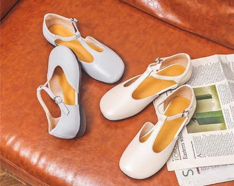Kundengerechte Echtleder Mary Janes Schuhe mit niedrigem Absatz, T-Riemen-Schuhe, flache Schuhe der Frauen, quadratische Kopf-dicke Fersen-Schuhe, bequeme Arbeitsschuhe