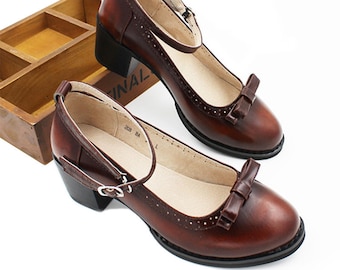 Sale! US10 Size Retro 5cm Mid-heel Shoes,Genuine Leather Women's Buckle Belt Shoes with bowknot