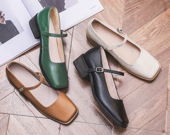 Chaussures Mary Janes rétro faites à la main, chaussures à talon bas en cuir véritable de 3,5 cm pour femmes, chaussures en cuir décontractées, chaussures à orteils carrés