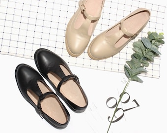 Customizable Genuine Leather Retro Mary Janes Flat Shoes,Women&#39;s T Straps Flat Shoes,Comfortable Black Girls Mary Janes