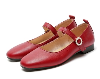 Handmade Retro Mary Janes Shoes,Genuine Leather Women's 2cm Low Heel Shoes,Casual Leather Shoes,Red leather Shoes,Women Comfortable Shoes