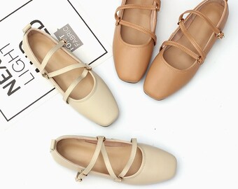 New Handmade 1.5cm Low heel Leather Shoes,Women's Flat Straps Shoes,Ballet Shoes with Buckles