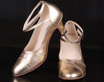Customizable Handmade Women Gold Leather 7cm Heel Shoes,ballroom