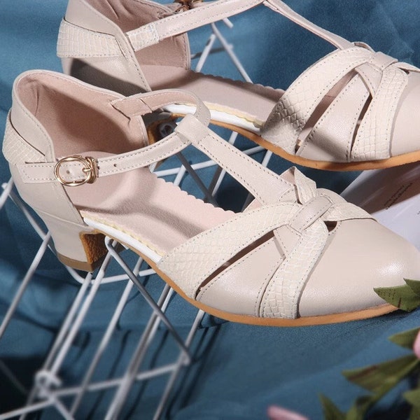 Couleurs et talons personnalisables ! Chaussures à talons en cuir avec brides en T pour femmes,Chaussures de ville élégantes,Sandales,Chaussures d'été,Chaussures de mariée,Chaussures de danse