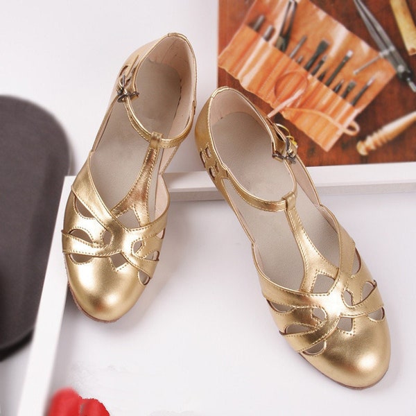 Customizable Women T-Strap Leather Shoes,Gold Color Swing shoes,Female Oxford Dancing Shoes,Mary Jane Shoes,5cm Heel Shoes,Summer Shoes
