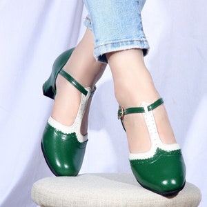 Customizable Handmade Women Green Leather Heel Shoes,Retro Style square heels shoes,female T-Strap Heels,Oxford Pump Shoes,Mary Jane Shoes,