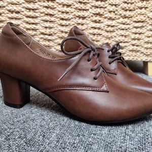 Handmade Women Brown Leather Shoes,low Thick Heel Shoes, Leather ...