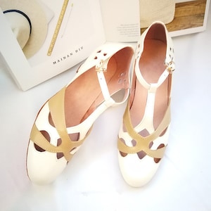Customizable Women T-Strap Leather Shoes,Gold Color Swing shoes,Female Oxford Dancing Shoes,Mary Jane Shoes,5cm Heel Shoes,Summer Shoes Beige+Khaki