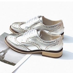 Women Leather Shoes, Leather Flat Oxfords Shoes, Closed Shoes, Brown Shoes, Handmade Shoes,Brock Shoes,customized shoes,Pink/Silver Shoes image 3