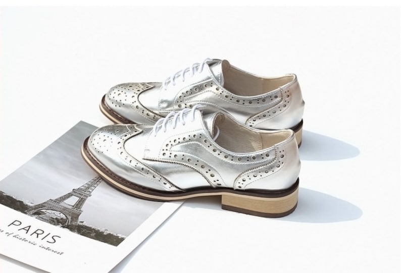 Women Leather Shoes, Leather Flat Oxfords Shoes, Closed Shoes, Brown Shoes, Handmade Shoes,Brock Shoes,customized shoes,Pink/Silver Shoes image 3