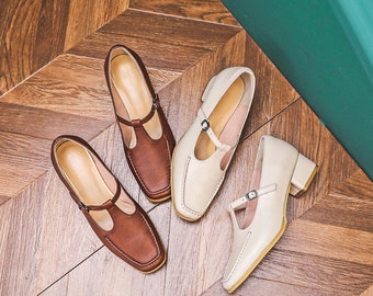 Handmade Retro Mary Janes Shoes,Genuine Leather T Strap Shoes,Block Heel Shoes,Square Toe Shoes,Women Spring/Autumn Comfortable Shoes