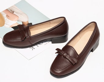 Handgemaakte vrouwen zachte lederen schoenen, Low Square Heeled Slip-ons, comfortabele werkschoenen, dagelijks dragen schoenen, voor mama's cadeau, Moederdag Cadeau