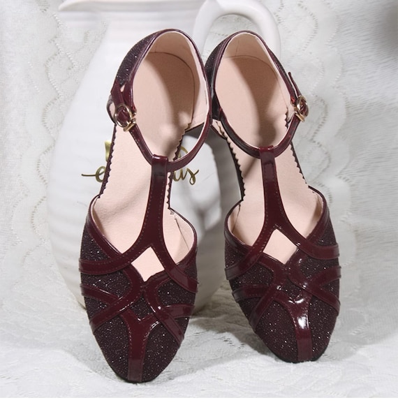 Burgundy Leather T Strap Shoes! Custom Colors & Heels, Women's Swing Dance Shoes, Latin Dance Shoes,Genuine Leather Shoes